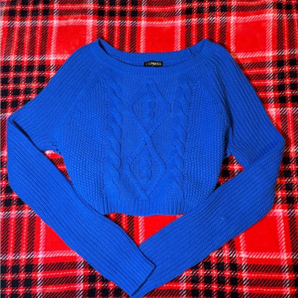 Express Bright Blue Cable-Knit Crop Sweater